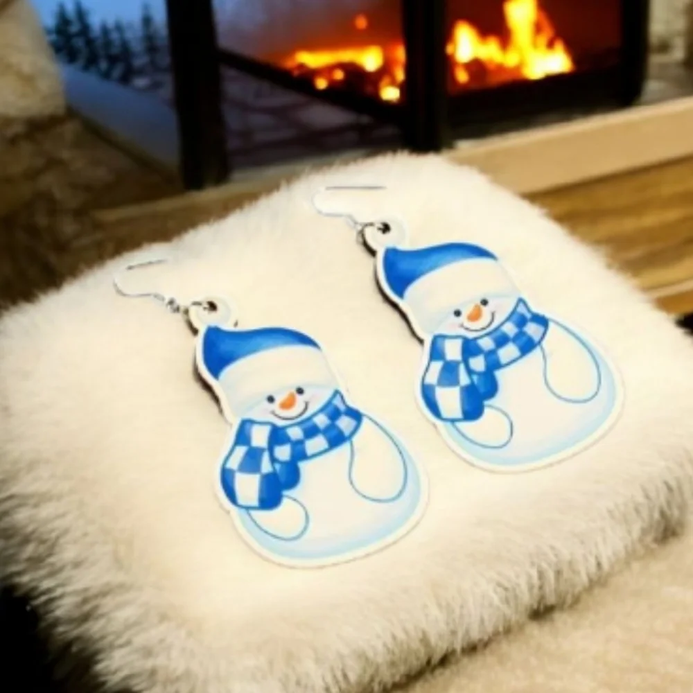 Wood Dangle Drop‎ Christmas Winter Frosty the Snowman Earrings with Blue Accents